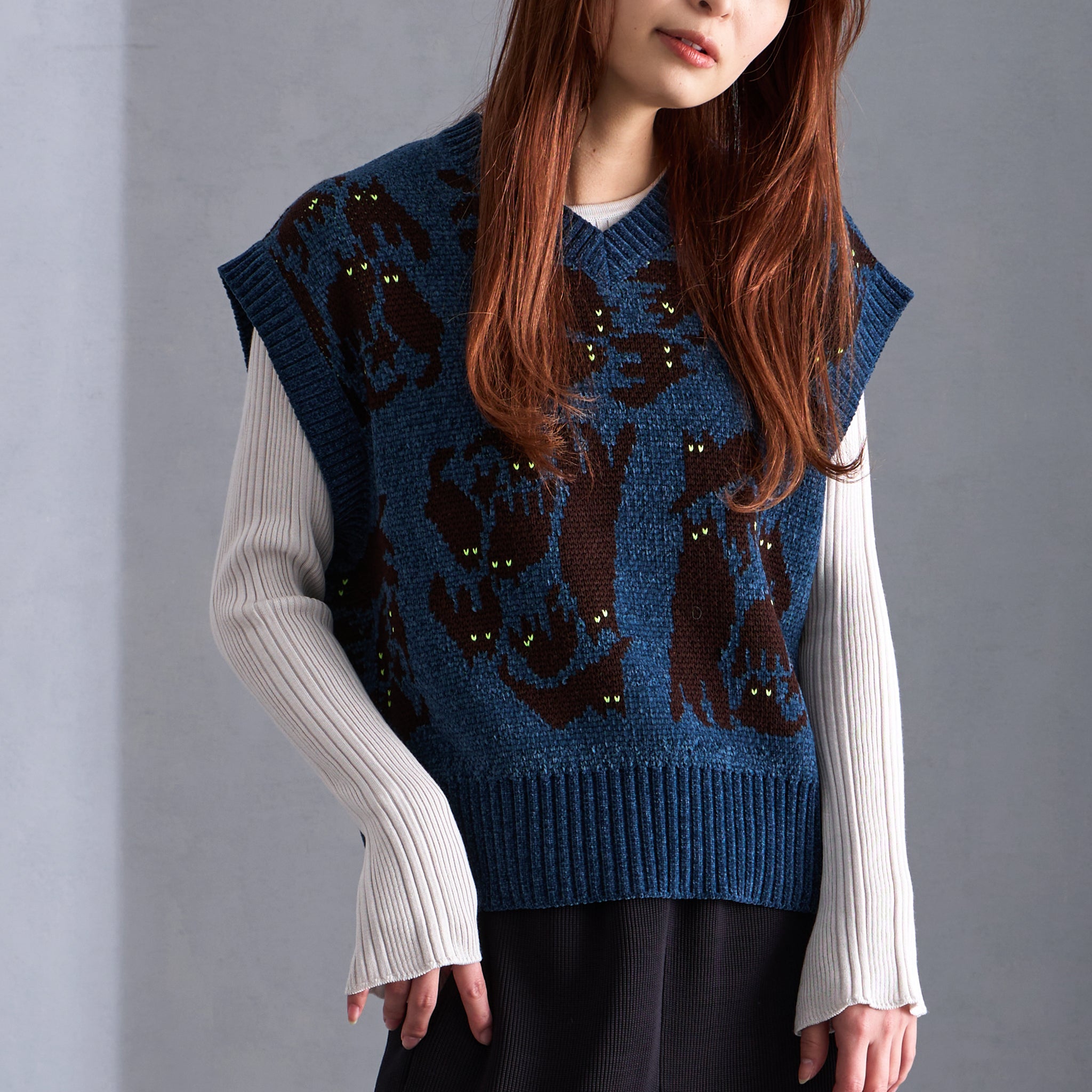 予約販売【NYANDER KNIT/ニャンダーニット】 NIGHT CAT JQ VEST